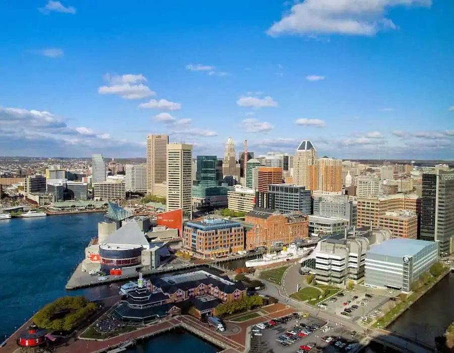 Downtown skyline and harbor area located near Bel Air, MD, on a clear sunny day.
